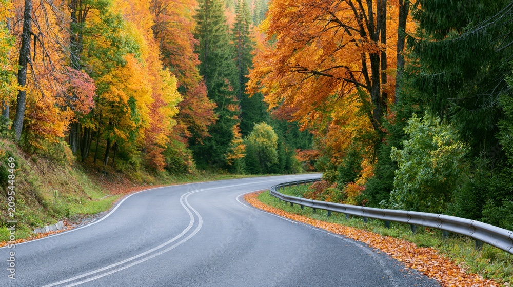 Naklejka premium Scenic Winding Road Through Vibrant Autumn Forest with Colorful Foliage and Clear Skies