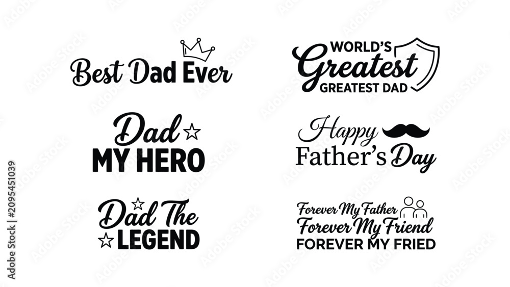 Obraz premium Collection of six distinct black text phrases celebrating fathers with iconic imagery like crowns and mustaches on a white background