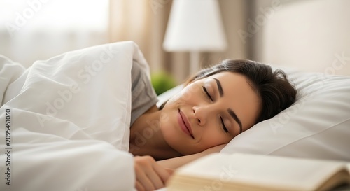 Peaceful woman sleeping comfortably in bed with soft lighting.