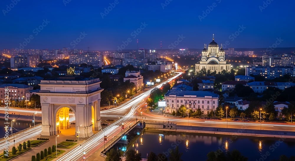 Obraz premium Nighttime Cityscape with Illuminated Landmarks and Bright Traffic Lights.