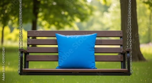 Peaceful wooden swing bench with blue cushion in lush garden.