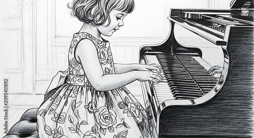 Pencil drawing of a young girl playing the grand piano in a floral dress.