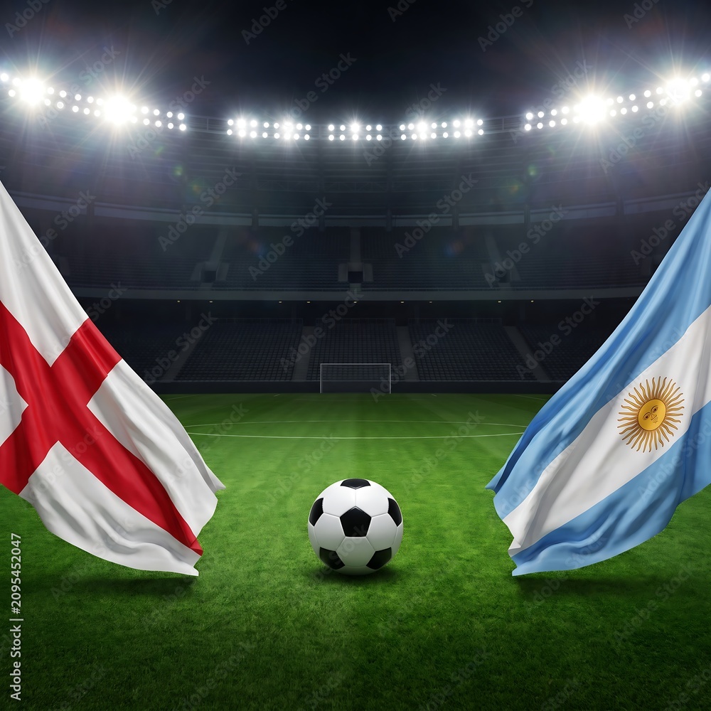 Fototapeta premium England and argentina national flags with a soccer ball in the center of a large dark stadium