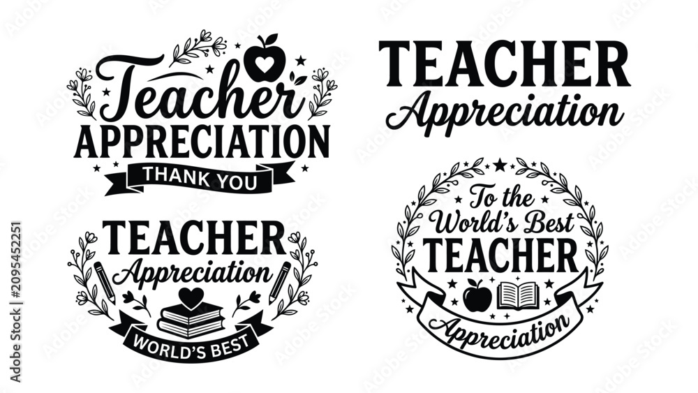 Obraz premium Decorative typographic designs celebrating teacher appreciation with floral elements and educational symbols