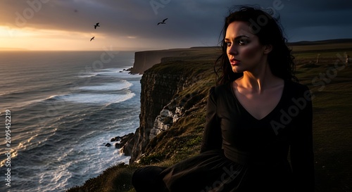 Pensive woman standing on a cliff edge overlooking the ocean at sunset.