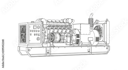 Industrial generator schematic detailed outline on white background