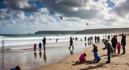 People Enjoying a Sandy Beach Scene with Overcast Sky.