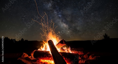 Outdoor Night Campfire Under Starry Sky Scenic Landscape.