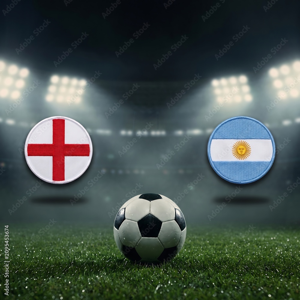 Naklejka premium England vs argentina soccer match with flags and a football on a dark stadium grass field