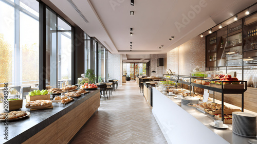 Ultra realistic premium office café where employees naturally collaborate over breakfast, healthy pastries, fresh fruit, ceramic tableware without branding, floor-to-ceiling windows