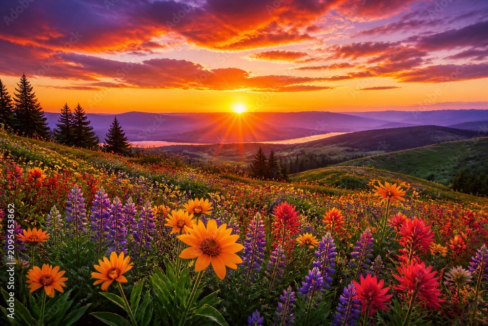 Fototapeta premium Wildflower meadow blooming at sunrise on mountain slope