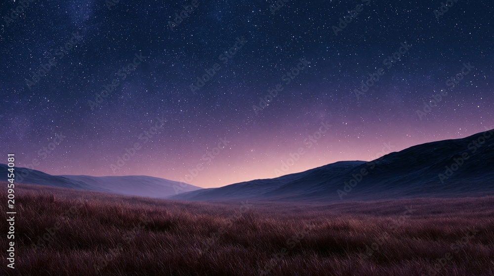 Obraz premium Vast rolling hills under a starry night sky with subtle purple and pink twilight glow illuminating the landscape