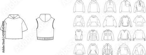 Fashion Hoodie and Sweatshirt CAD Templates Collection with Technical Flat Garment Drawings