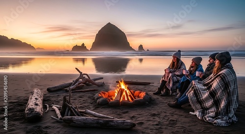 People Sitting Around Campfire on Beach at Sunset Landscape Scene.