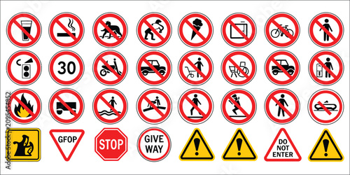 Bild auf Leinwand Traffic prohibition sign icons with road safety symbols, warning signs, speed li