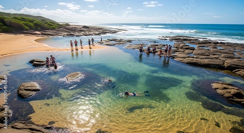 People swimming in a natural rock pool at the beach on a sunny day.