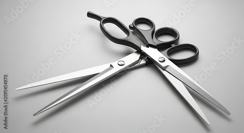 Pair of Black and Silver Scissors and Tweezers on Gray Background.