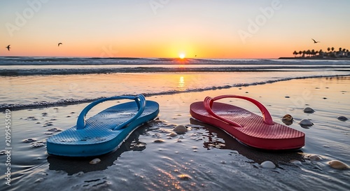 Pair of Colorful Flip-Flops Resting on Wet Sand During Golden Hour.
