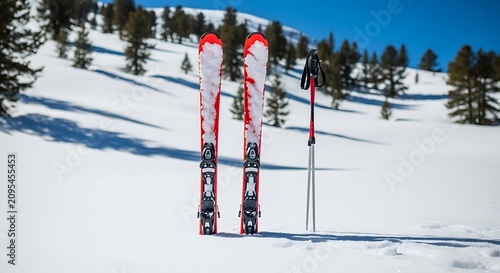 Pair of red skis and poles standing upright in deep mountain snow.