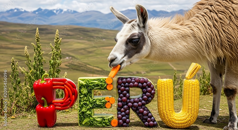 Fototapeta premium Peru Nature and Wildlife with Alpaca and Colorful Letters.