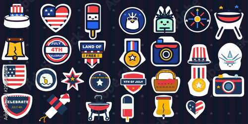 Independence Day USA Sticker Set Vector Collection with American Flag, Fireworks, Stars, Patriotic Icons for 4th of July Celebration Design