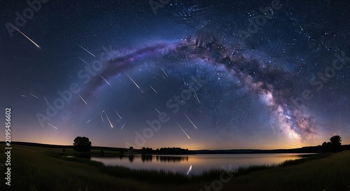Panoramic Star Trails Over Milky Way Galaxy Reflection Lake Night Sky.