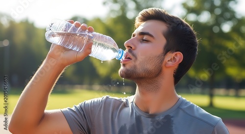 Person Drinking Water Outside in Park on Sunny Day.
