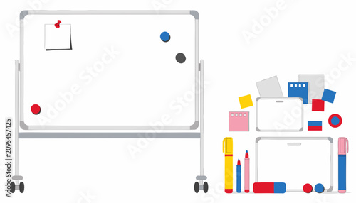 Vector illustration of a wheeled whiteboard with office supplies and sticky notes isolated on transparent background