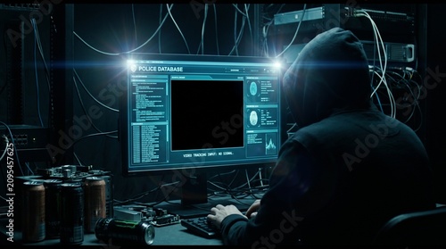 Hacker accessing police database on computer with cables and hardware around in a dark room.