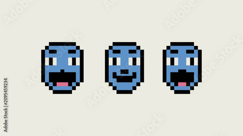 Three pixelated blue faces are displayed in a row with different expressions.