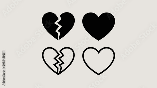 Two broken hearts and two whole hearts are depicted in black and white outlines and solid shapes.