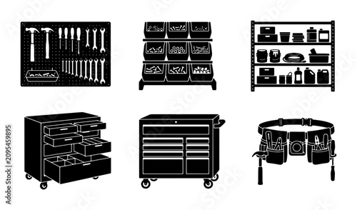 Garage Organization Icons Set, Workshop Storage Solutions, Tool Chest, Pegboard, Belt, Shelving Units, Vector Graphics for DIY and Maintenance
