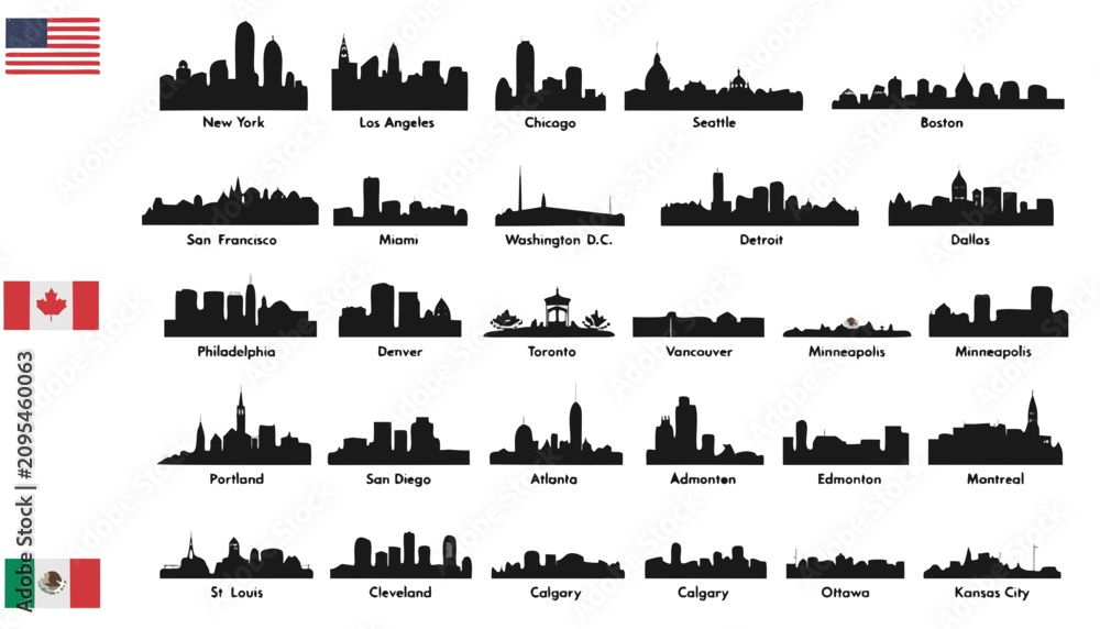 Obraz premium North American City Skyline Silhouette Set USA Canada Mexico Landmark Vector Collection