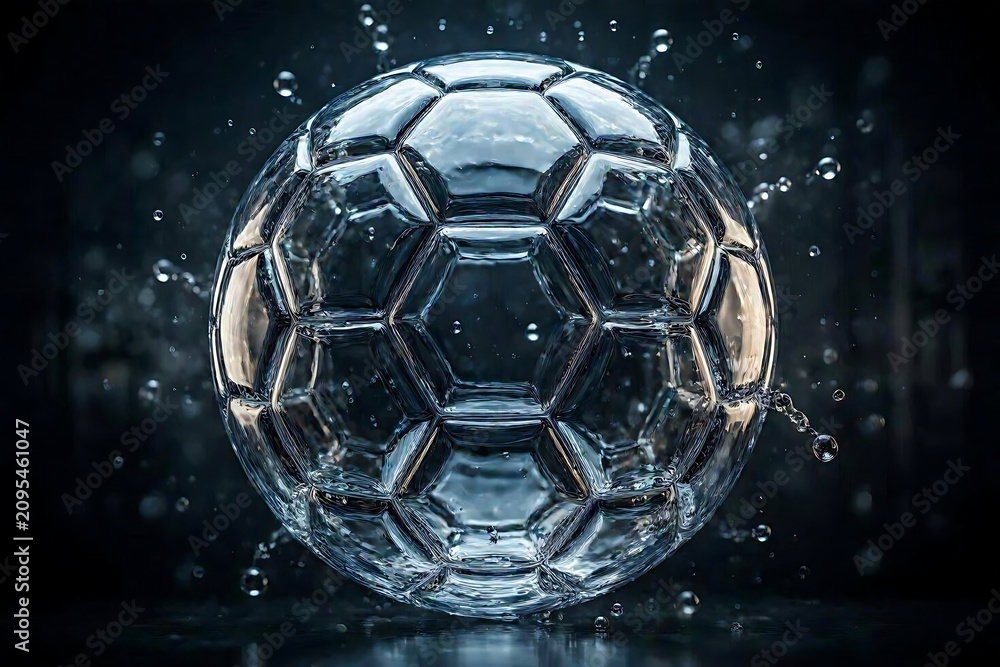 Naklejka premium Stunning fluid 3d digital art of a soccer ball formed out of clear water splashes for refreshing beverage advertisements and summer sports flyers