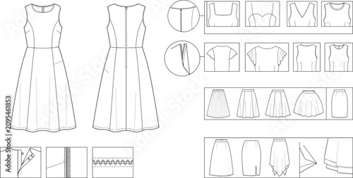 Foto Women's Sleeveless Dress Technical Fashion Flat Vector Template with Skirt and B
