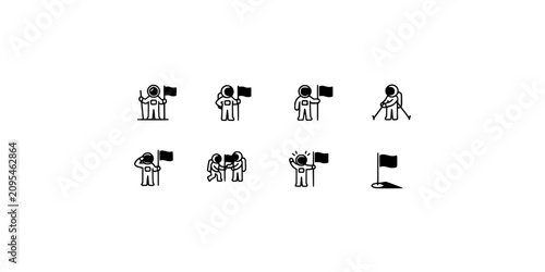 Bild auf Leinwand Icon set collection of astronauts planting flags on the moon and conducting space exploration tasks in a simple black style