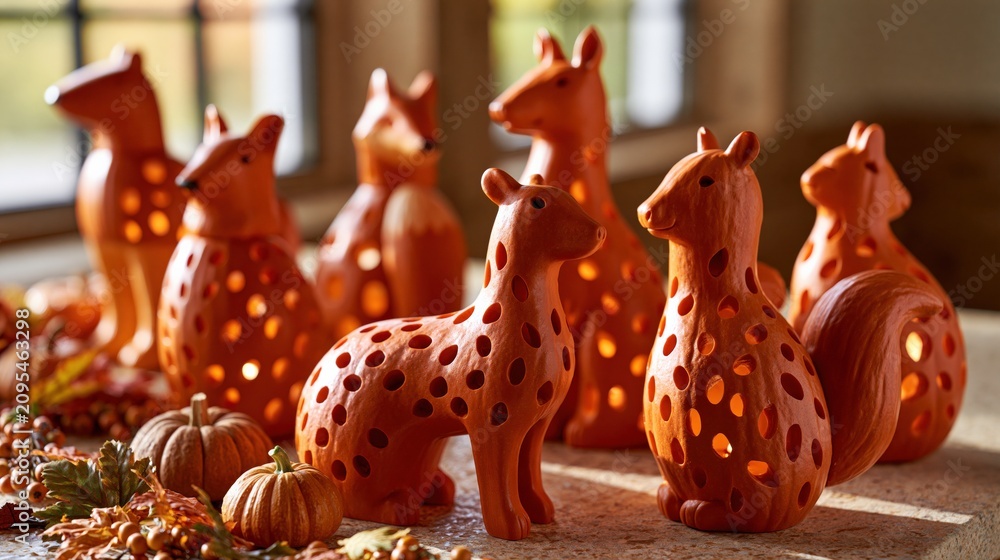 Fototapeta premium Autumn woodland animal ceramic lanterns with glowing warm light, rustic home decor accents