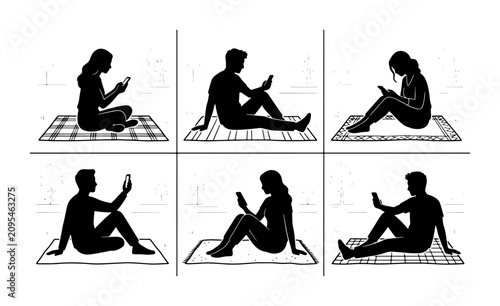 Silhouette People Using Smartphones on Picnic Blankets, Casual Relaxation, Digital Connection, Outdoor Lifestyle Vector Set