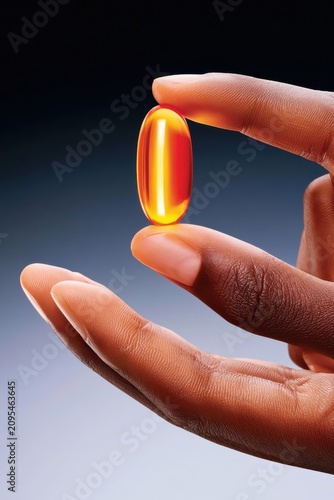 Hand holding a single golden softgel capsule vitamin supplement against a neutral background