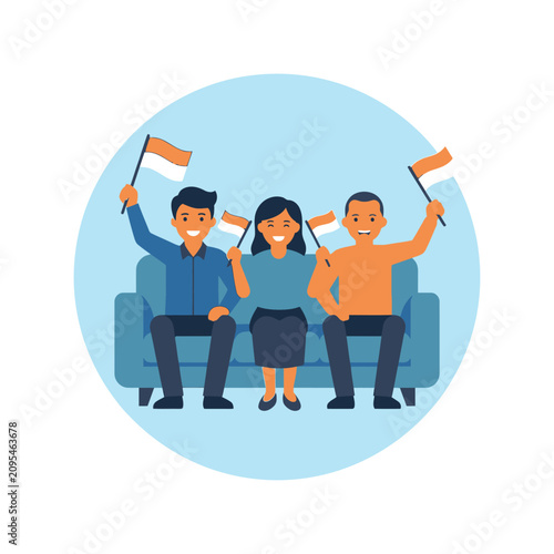 People waving Indonesian flags on couch.