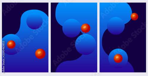 Foto Abstract fluid shapes with floating spheres in a triptych vector illustration