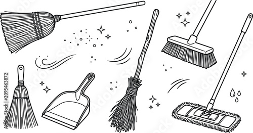 Slika na platnu Cleaning service line icon set featuring witch besom broom sweep dustpan floor m