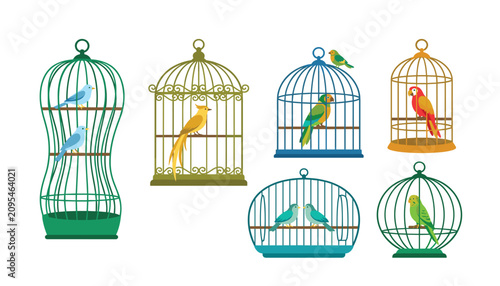 Фотография Colorful exotic and domestic birds inside vintage birdcages flat vector illustra