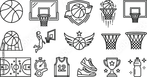Foto Basketball ball hoop net backboard court slam dunk jersey whistle sneakers troph