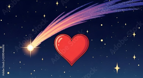 Red heart symbol underneath a colorful shooting star in a starry night sky