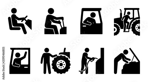 Foto Tractor Operator Icons, Agricultural Machinery Figures, Farming Vehicle Actions,