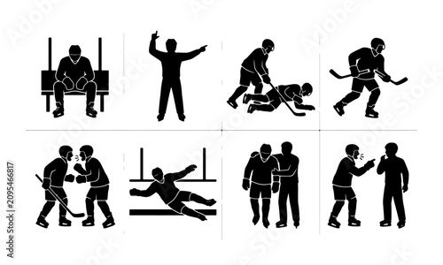 Canvas Print Ice Hockey Action Icons Set, Sports Game Player Silhouettes, Referee Signals, Pl