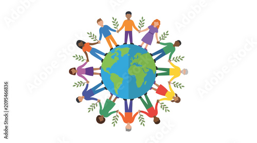 Foto Diverse Group of People Holding Hands Around Global Planet Earth