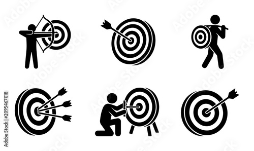 Фотография Archery Target Icons Set, Stick Figure Archer Aiming and Hitting Bullseye, Sport