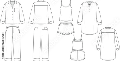 Obraz na płótnie Women's Sleepwear Technical Flat Sketch Set with Pajamas Nightshirt Camisole and